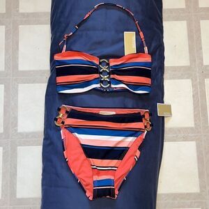 NWT SIZE SMALL MICHAEL MICHAEL KORS PERSIMMON STRIPED HI -WAIST BIKINI SET